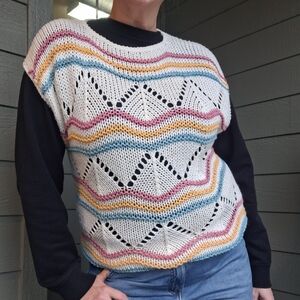 Vintage Hand Knit Country Craft Open Knit Colorful Sweater Vest Size 42 / XXL